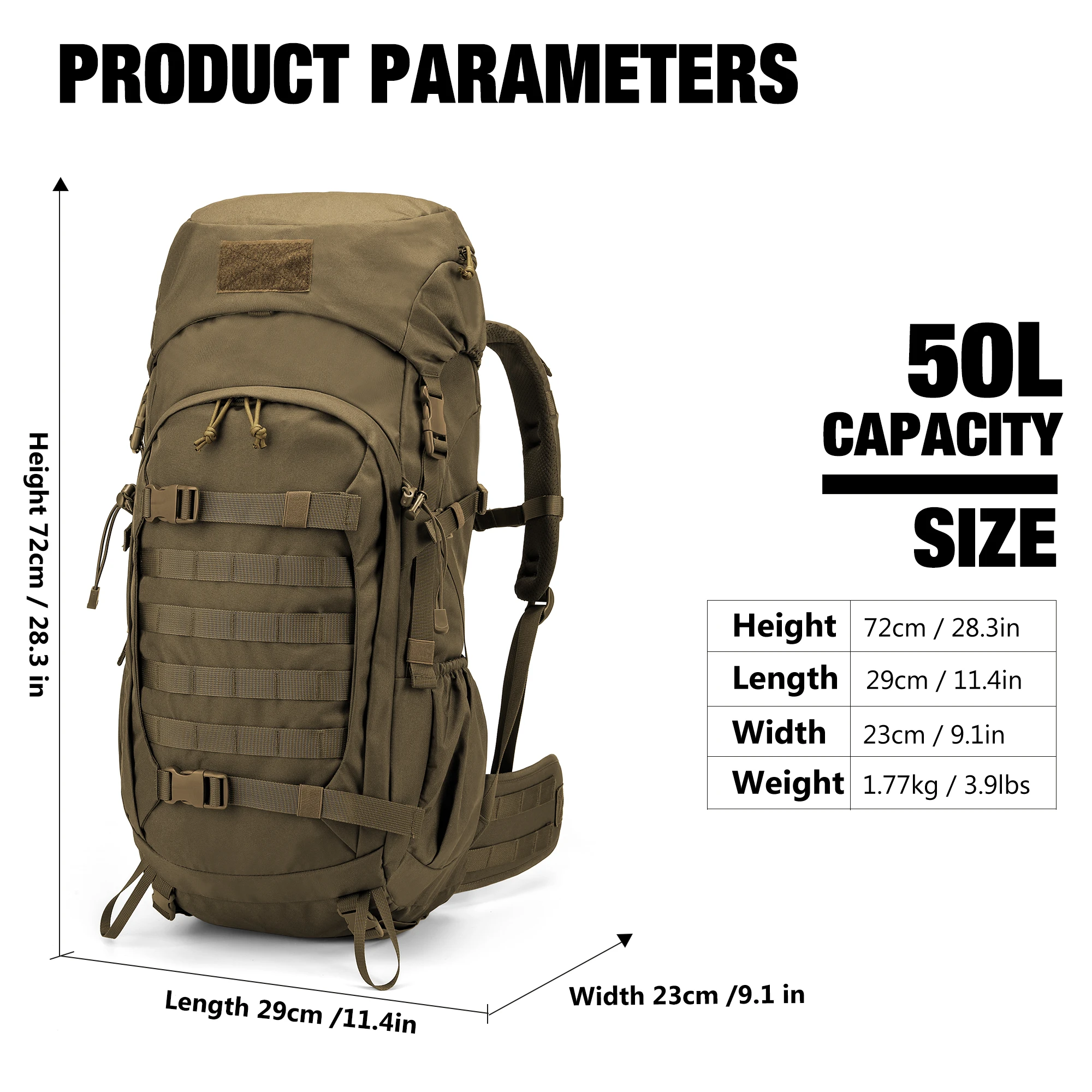Mardingtop 50L Molle Hiking Internal Frame Backpacks with Rain Cover for Camping Bushcraft Military