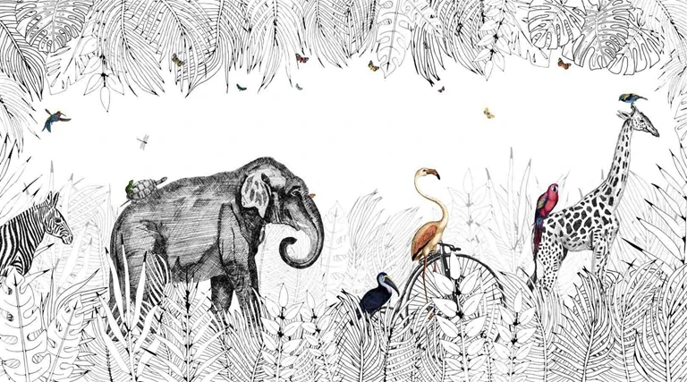 girafa, zebra, famingo e tucano, mão desenhada Metrozoo Wallpaper for Kids