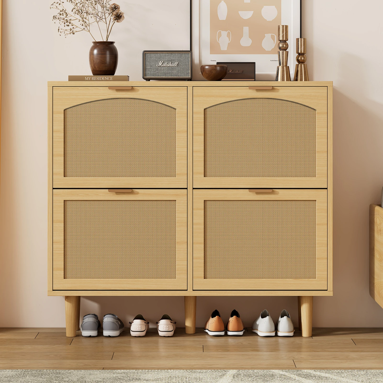 Rosahqnda Schuhschrank mit 4 Klappschubladen, Rattan-Schuhschrank mit Metallgriffen für Flur, Schlafzimmer, Wohnung, Holzmöbel – Detail 1