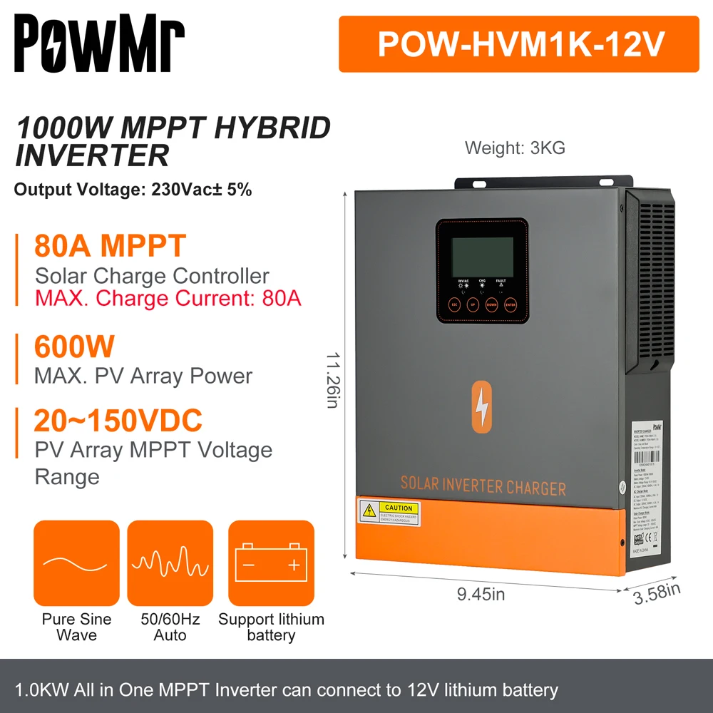 PowMr 1.5KW 1KW Hybrid Solar Inverter 24V 12V 220V Pure Sine Wave With 80A MPPT Solar Charge Controller Max 150VDC Solar Panel