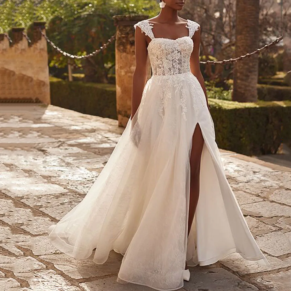 

Bohemia Tulle Illusion Wedding Dress A-Line Sweetheart Neck Bridal Gowns Tank Lace Applique Bride Dresses Vestidos De Novia