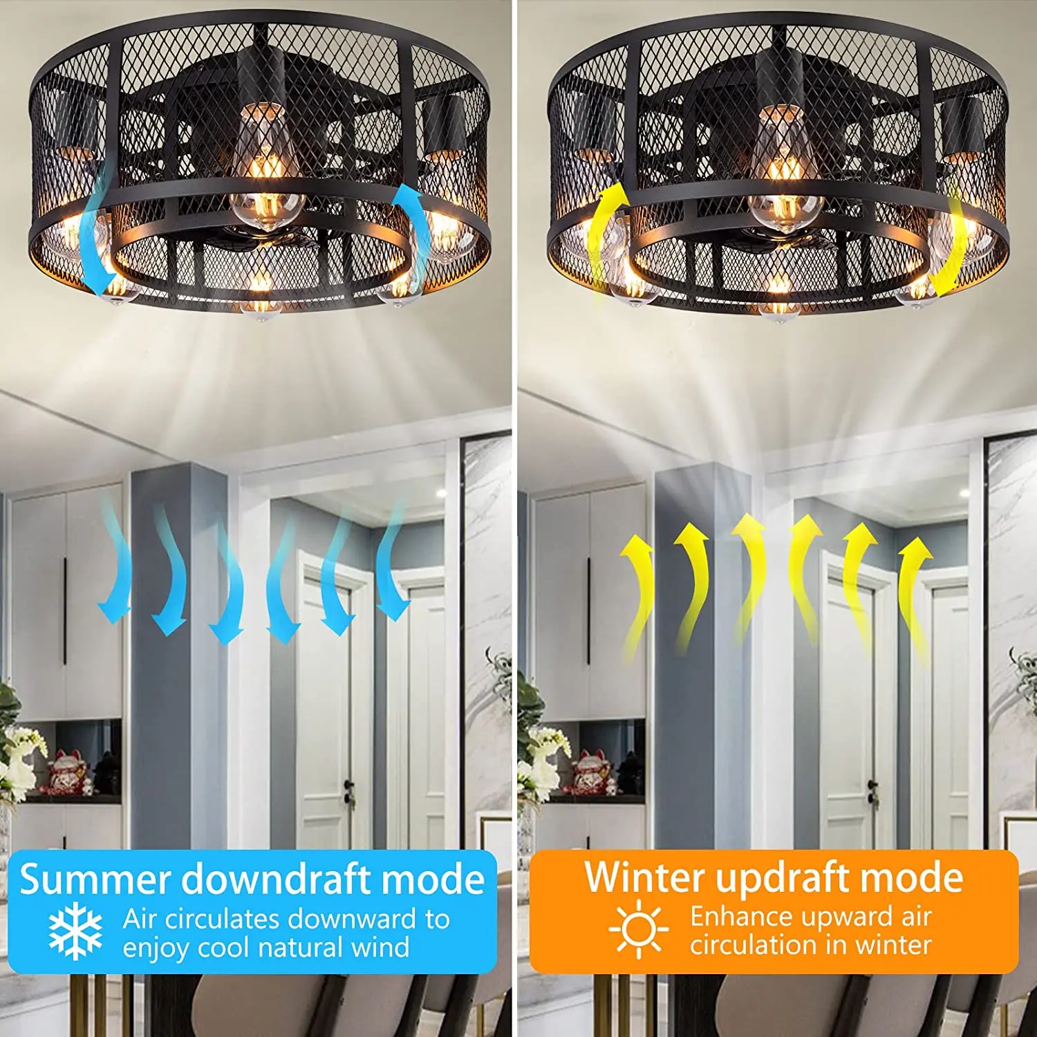 Stille Plafondventilatoren met Verlichting Retro Industriële Ventilator Plafondlamp met Afstandsbediening en Timer Vintage Kooi Fan Plafondlichti voor Slaapkamer Woonkamer Eetkamer Lamp, Zwart, E27*4