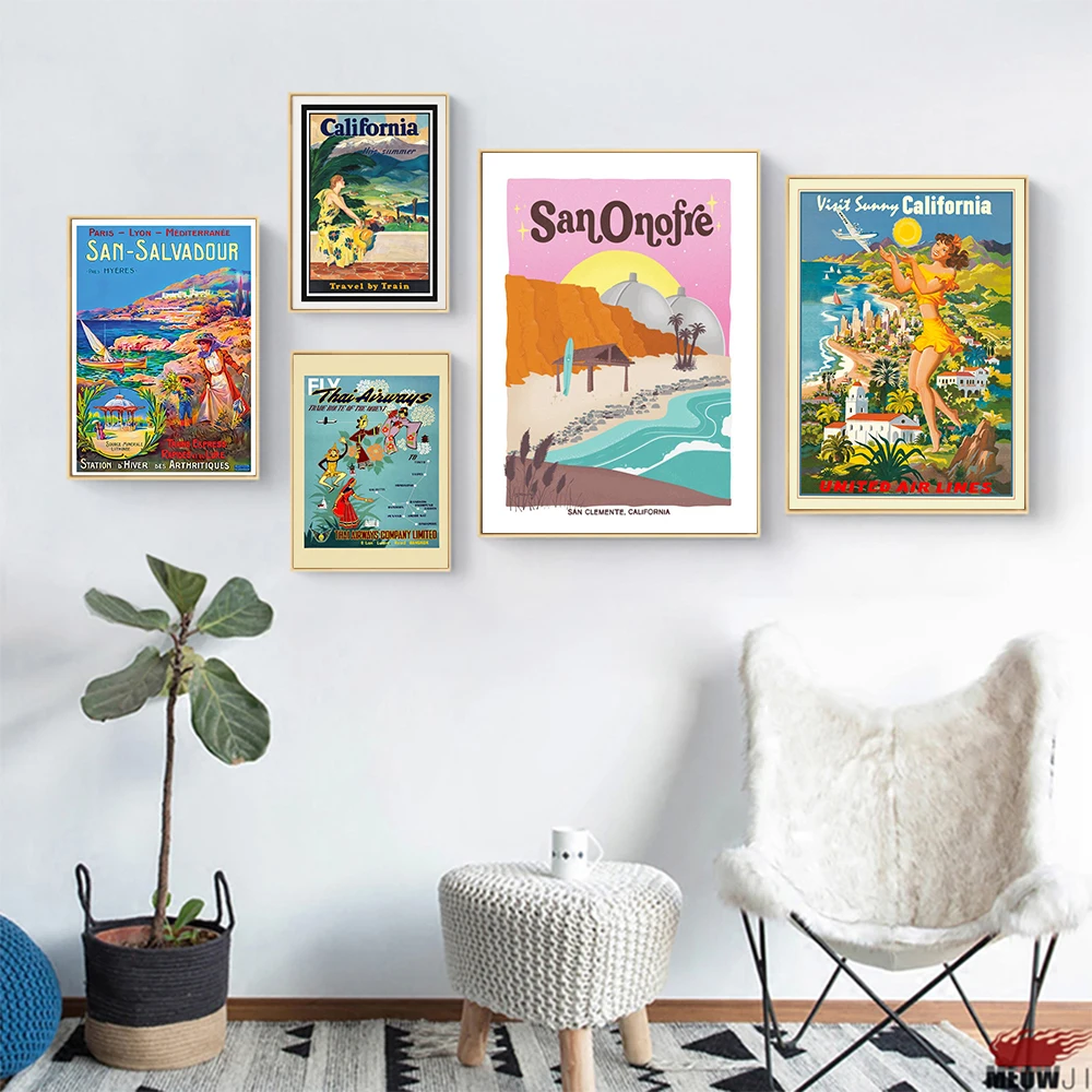 

Vintage Poster Canvas Painting World Tourist Resort Home Wall Art Island Mountain Beach Sun Living Room Decor Landscape Pictures