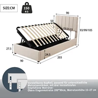 Anajqaqia Детская кровать с мягкой обивкой 90x200 см, односпальная кровать, гидравлическая кровать с местом для хранения вещей и решетчатым каркасом, лен, бежевый — изображение 6