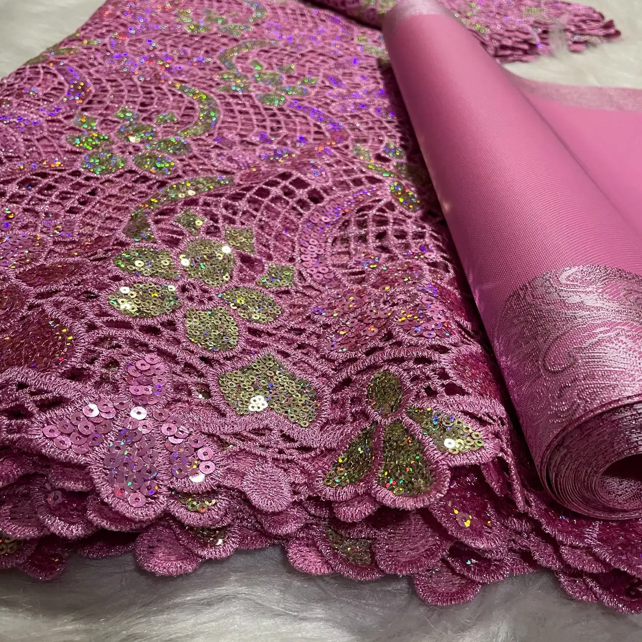 Nigerian Sequins Pink Lace Fabric African Guipure French Lace Material 5Yards With 3D Sego Headtie Wrap 2PCS
