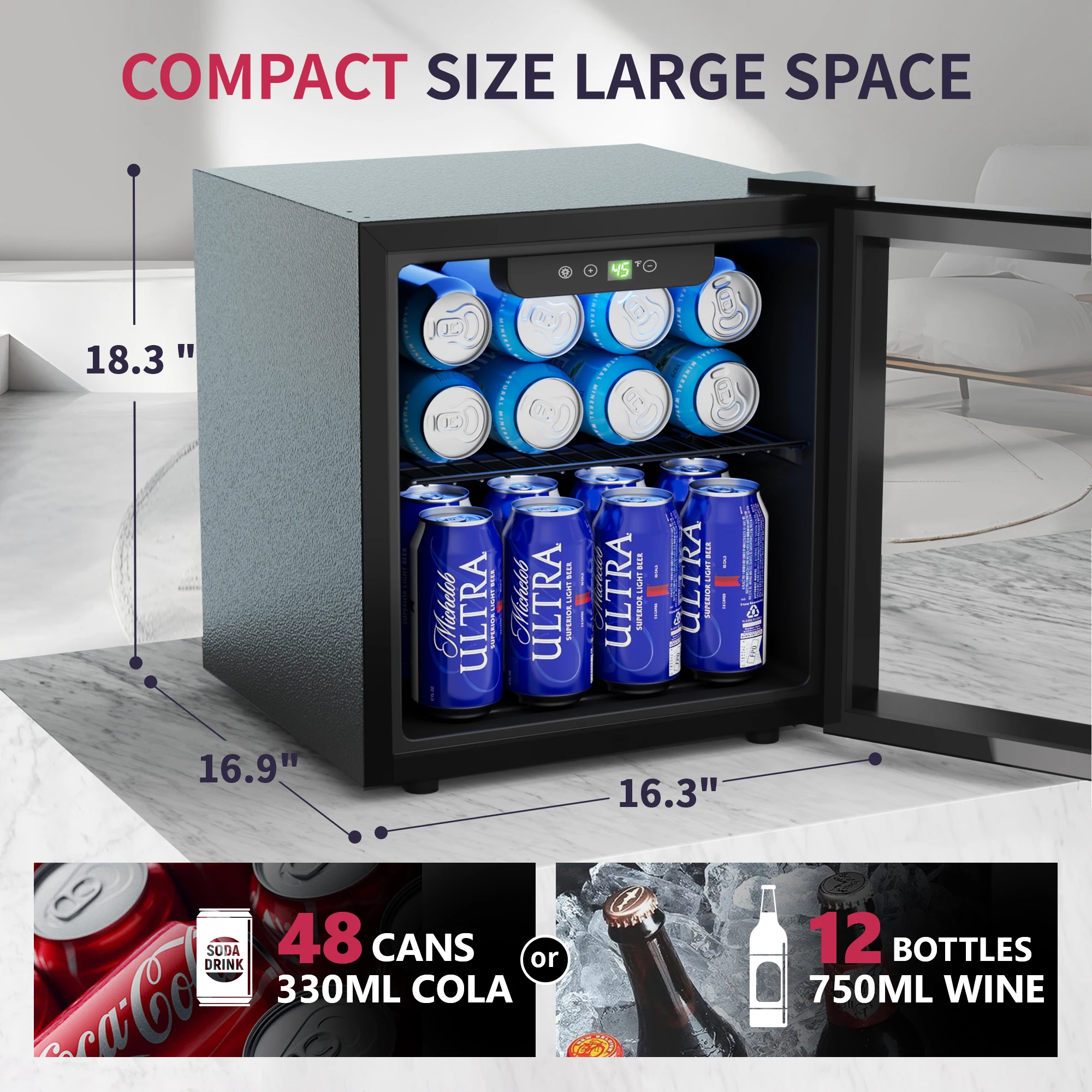 SIMZLIFE Mini Fridge 1.3 cu.ft 48 Can Beverage Refrigerator Cooler for Beer Drinks Wines Beverage Fridge with Adjustable Shelves 2