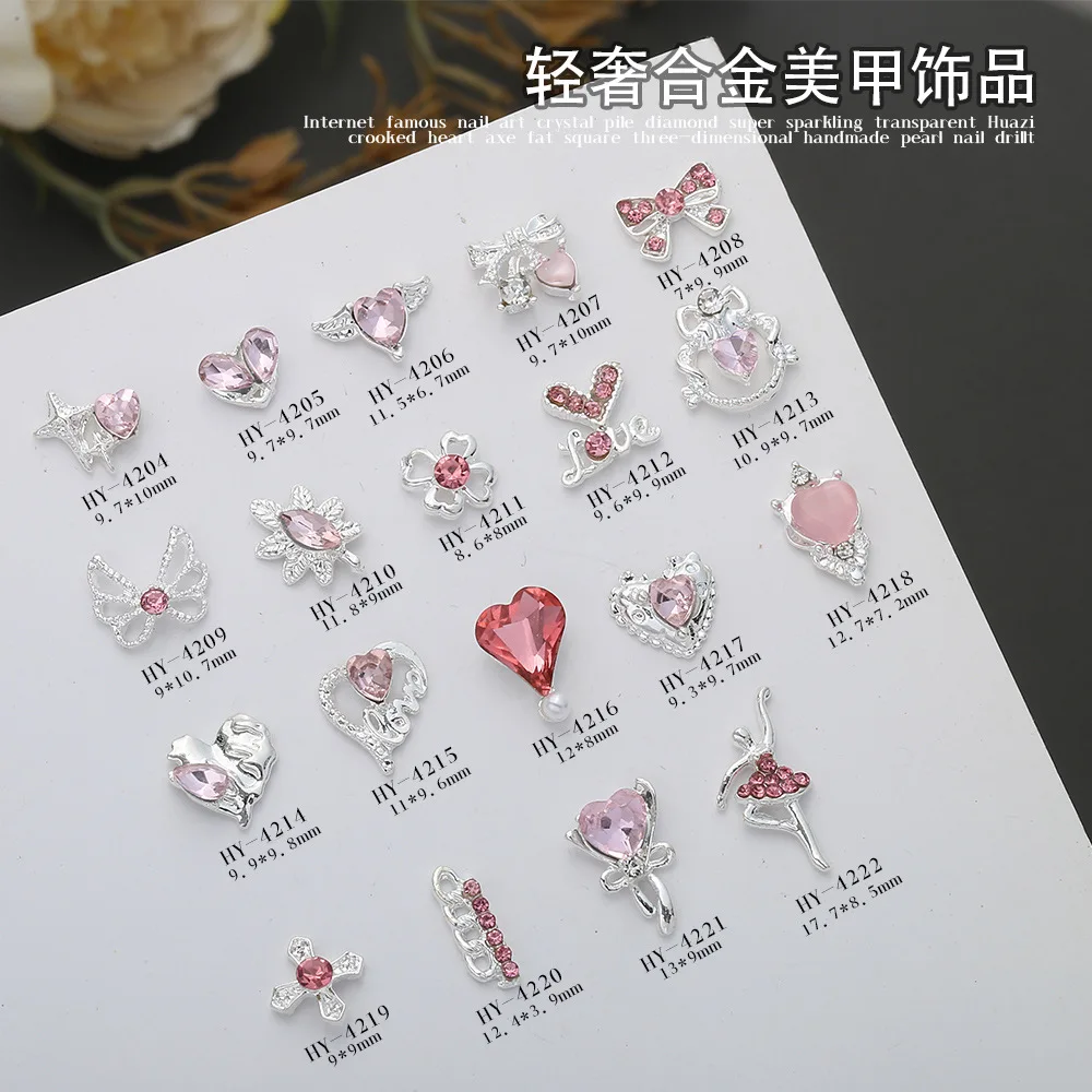 10Pcs Luxury Heart Nail Charms 3D Alloy Sparkling Pink Diamond Bow Star Ballet Girl Nail Art Decorations Rhinestones Gem DIY