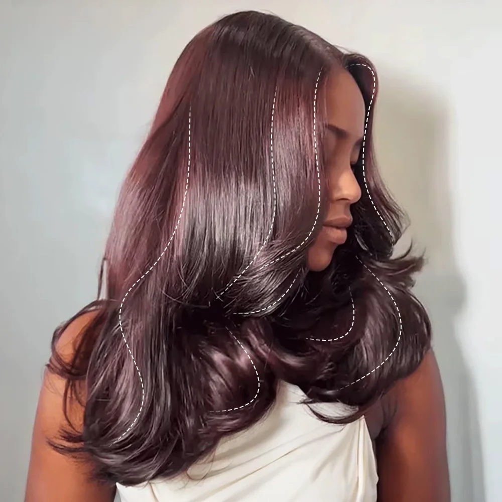 Perruque sans colle pré-coupée bordeaux foncé 9×6, prête à porter, en cheveux humains, colorée, coupe dégradée, ondulée, densité 250
