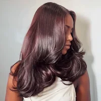 Perruque sans colle pré-coupée bordeaux foncé 9x6, prête à porter, en cheveux humains, colorée, coupe dégradée, ondulée, densité 250 1