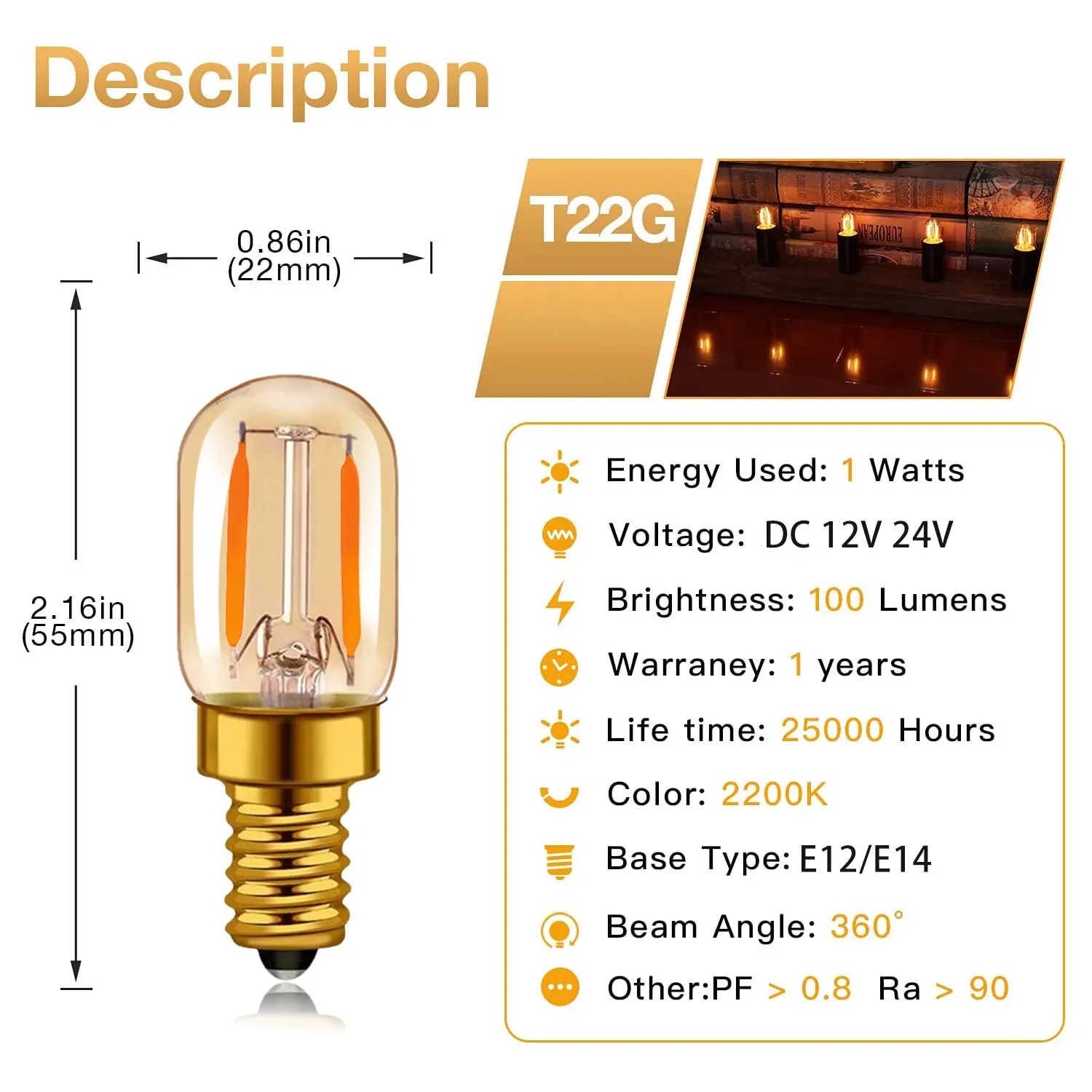 25pcs T22 12V 24V LED Filament Bulb E14 E12 Socket 1W RV Camper Lighting  Replace Bulb 10W Equivalent Candelabra Low Voltage Lamp