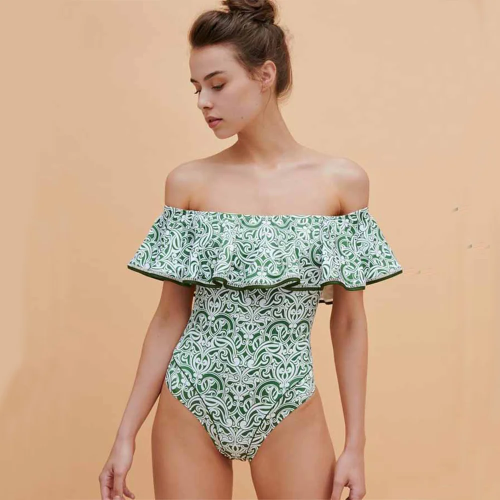 

Female Retro Swimwear One-Shoulder Printed Ruffled Swimsuit Holiday Beachwear Designer Bathing Suit Summer Surf Wear