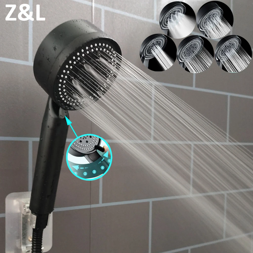 Black Silver 5 Modes High Pressure Shower Head Water Saving Massage