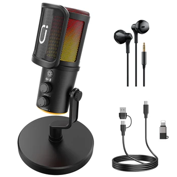 Microfono dinamico USB/XLR per registrazione podcast, microfono per streaming di giochi per computer PC con luce RGB, pulsante di disattivazione, jack per cuffie