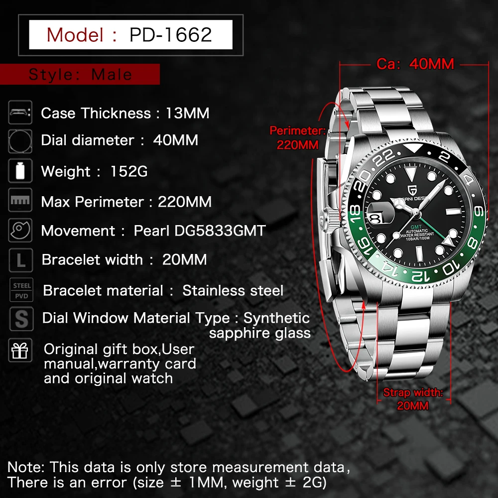 PAGANI DESIGN V3 ǰ Ÿ  ũ  ð, 40mm 100M  ߱ ̾  GMT   ð