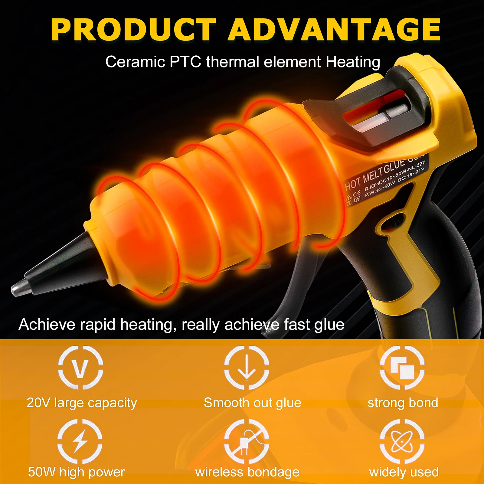 50W Cordless Hot Glue Gun for Dewalt 20V Battery with 30pcs 7mm Sticks 30s Quick