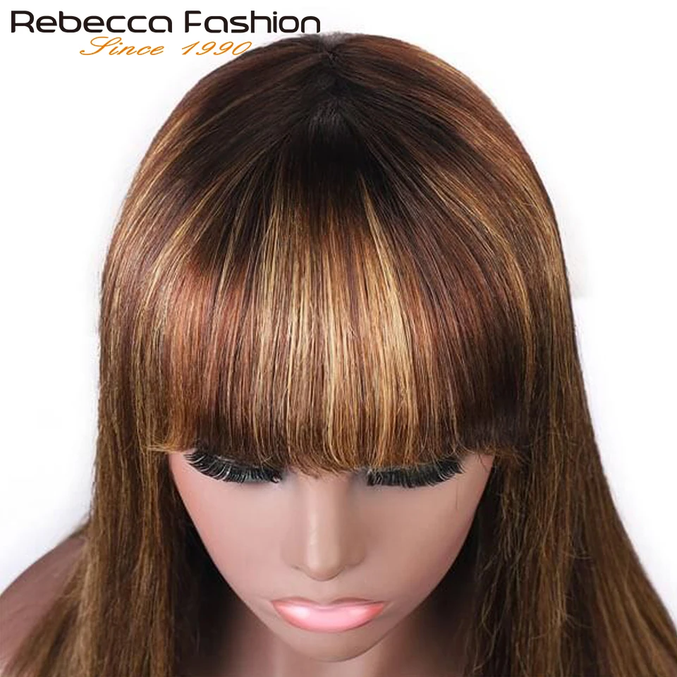 Human Hair Wigs Straight With Bangs Rebecca Highlight P4/30/27