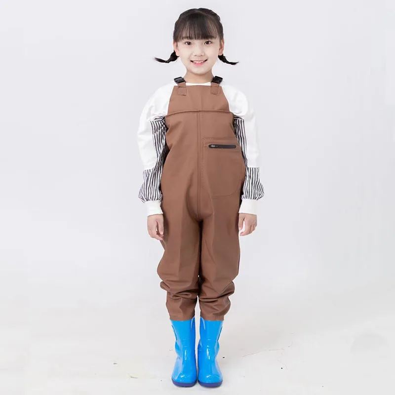 Fishing Chest Waders with Boots for Kids Outdoor Activities PVC Rain Pants + Waterproof Bootfoot Max Foot 22cm(8.65in) children boots