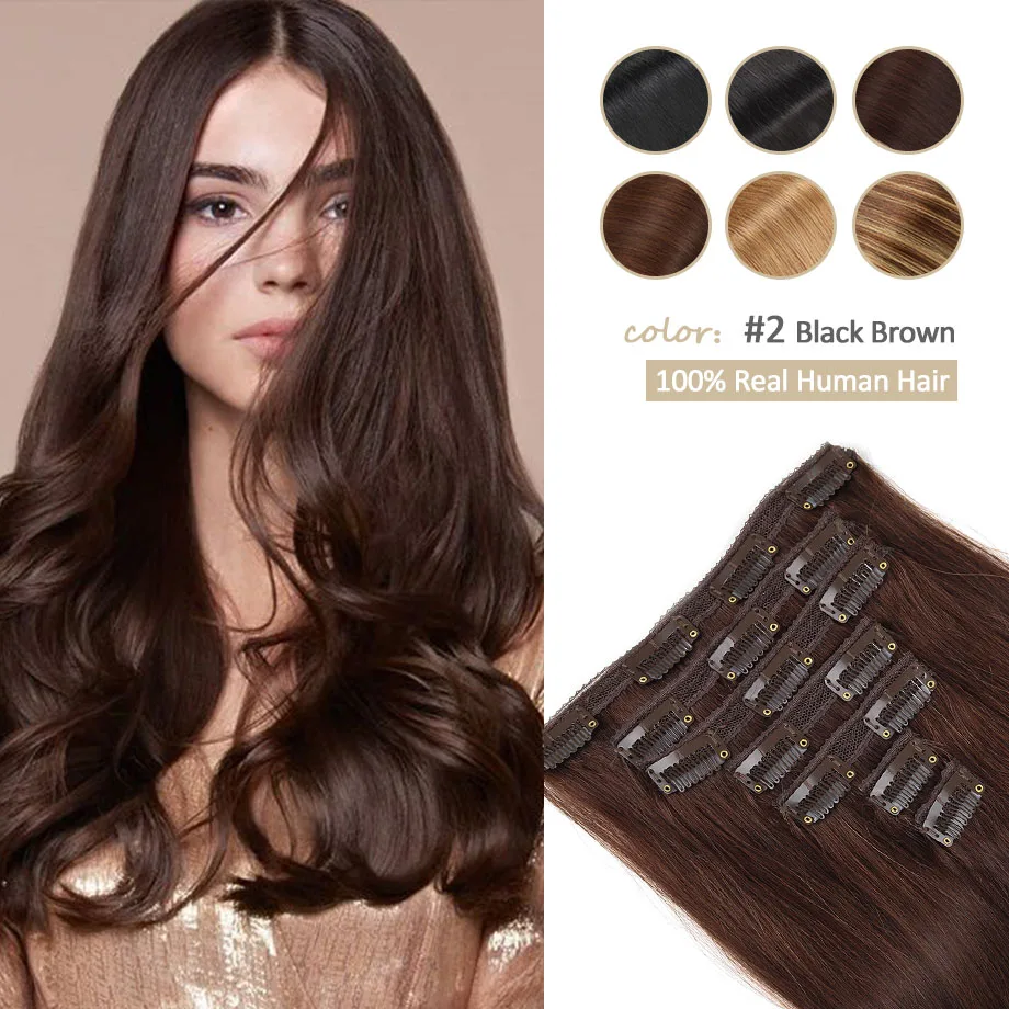 

Full Head Clip In Hair Extensions Remy Double Weft Real Human Hair Extensions 70g/7Pce Natural Straight Hair Clip in Extensions