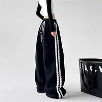 Harajuku Splice Drawstring Sports Casual Pants Women's Lace Patchwork Loose Wide Leg Long Trousers Fall Style Straight Match 1
