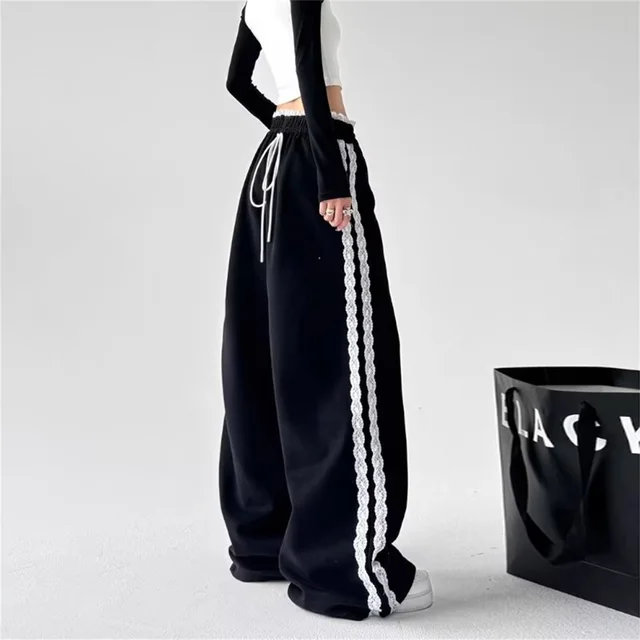 Harajuku Splice Drawstring Sports Casual Pants Women's Lace Patchwork Loose Wide Leg Long Trousers Fall Style Straight Match 1