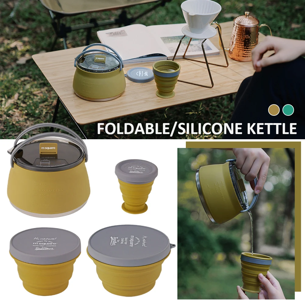 Silicone Folding Kettle Portable Camping Boiling Water Pot with Handle Tea Coffee Cooker for Camping Travel 1000ML New 1pc