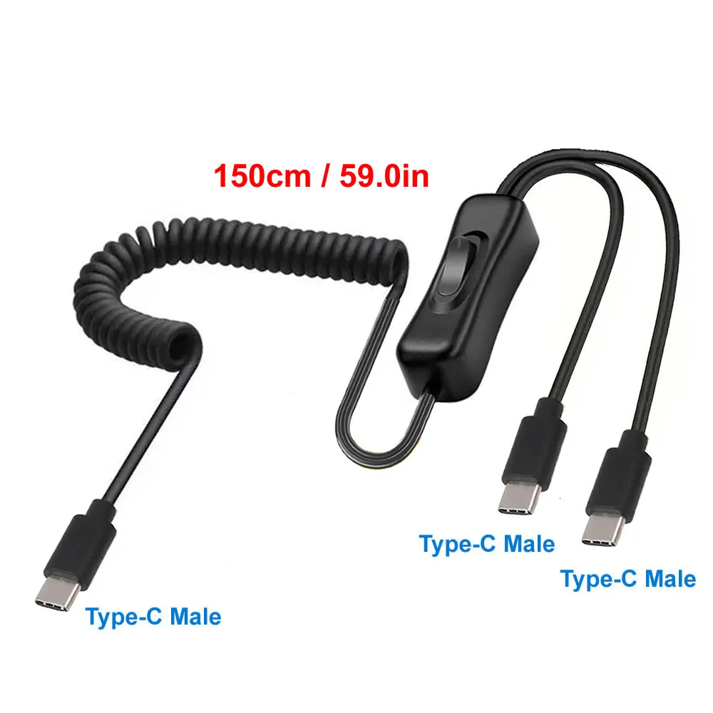 USB Type C Spring Telescopic Charging Cable with On/Off Switch - Extension Cord with Double USB Splitter