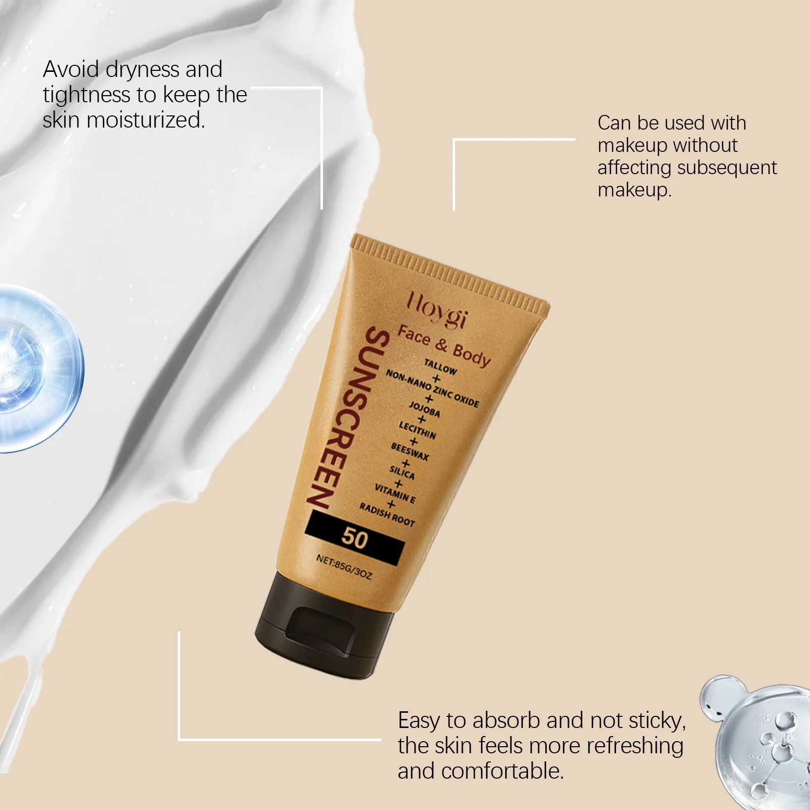 Hoygi Light Sunscreen Cream Refreshing Prevent Sunburn Moisturizing Non-sticky Reduce Dryness Soothing Discomfort Body Sunscreen