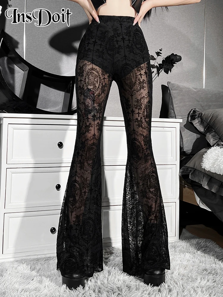 

InsDoit Gothic Black Summer Flare Pants Women Lolita Streetwear See Through Sexy High Waist Pants Aesthetic Punk Grunge Trousers