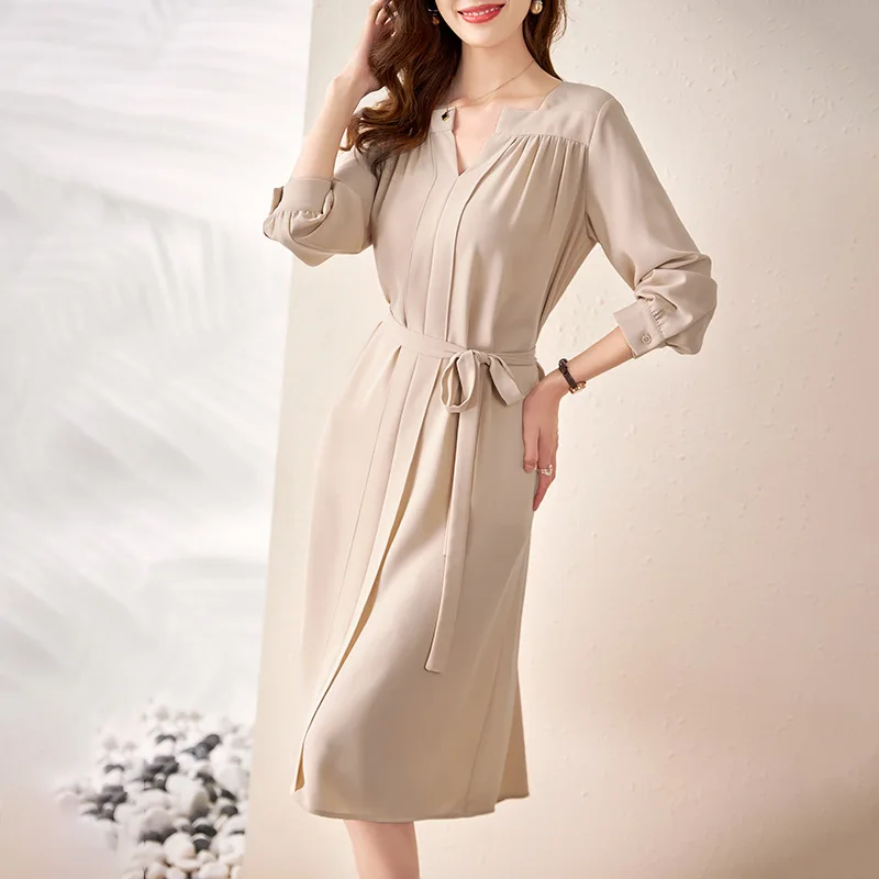 

Модные элегантные платья, новинка 2022, женское весеннее длинное платье с длинным рукавом и поясом с V-образным вырезом