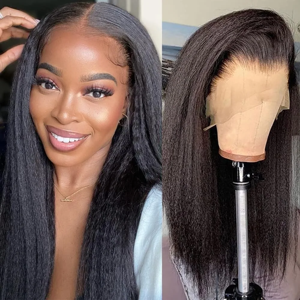 Kinky Straight Yaki Lace Front Human Hair Wig Skinlike Texture 13x4 HD Transparent Lace Pre Plucked Natural Hairline 250 Density 6