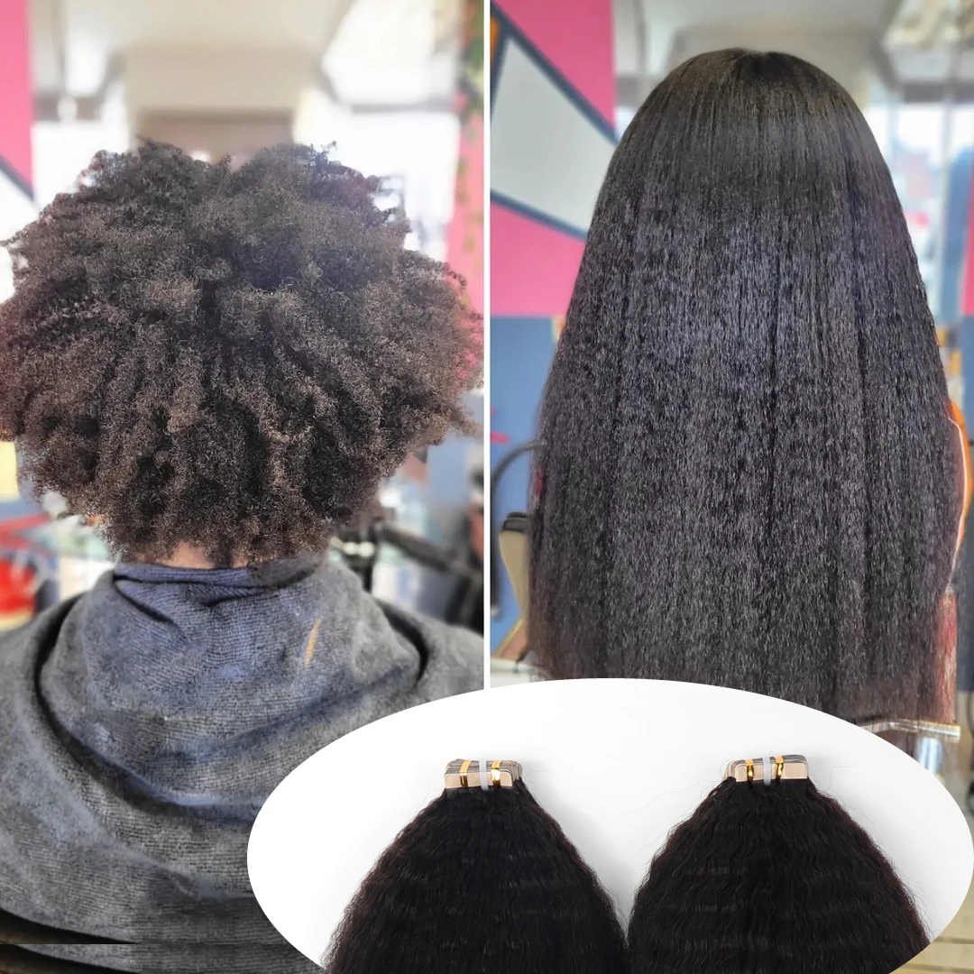 Tape In Human Hair Extensions For Black Women Girls Kinky Straight Coarse Yaki Brazilian Tape Ins Virgin Hair Bundles Microlinks