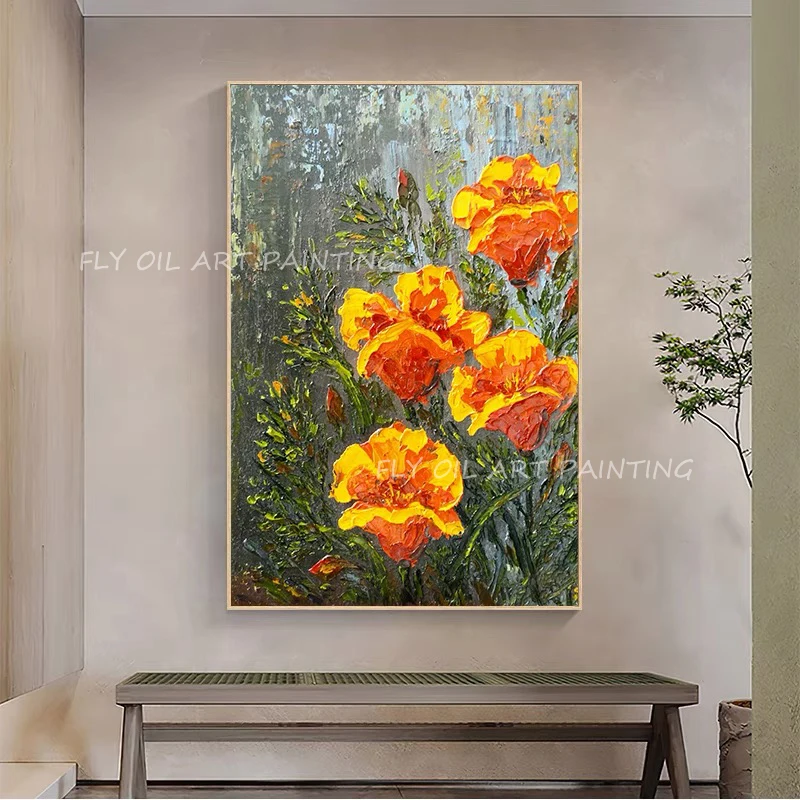 

Abstract 100% Hand Painted orange flower thick grey canvas large size Oil Painting on Canvas Wall Art as a gift unframe