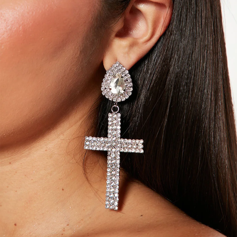 Stonefans Vintage Crystal Cross Earrings Shiny Trend Zircon Water Drop Piercing Jewelry for Women