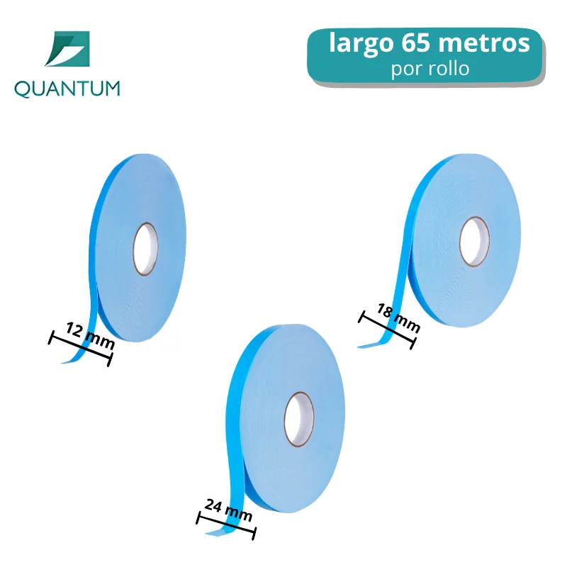 Cinta Adhesiva de Doble Cara de Espuma de Polietileno de 65 Metros, de 12 y 18 mm de ancho, Para Montaje, Cinta Adhesiva de Espuma blanca liner azul, esponja de PE