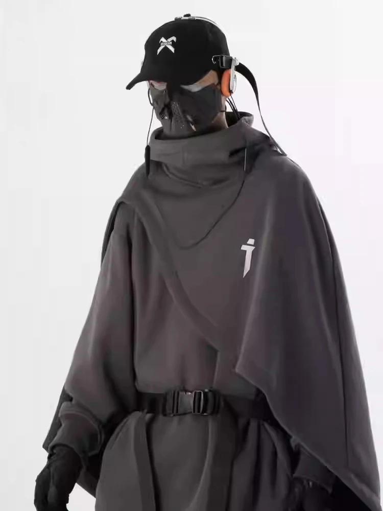 thumbnail image 2 of Sudadera con capucha de cuello alto ninja para hombre, capa pesada y resistente al viento, funcional, de otoño, sudadera con capucha, ropa de calle japonesa de dos piezas falsa, 2 of 5