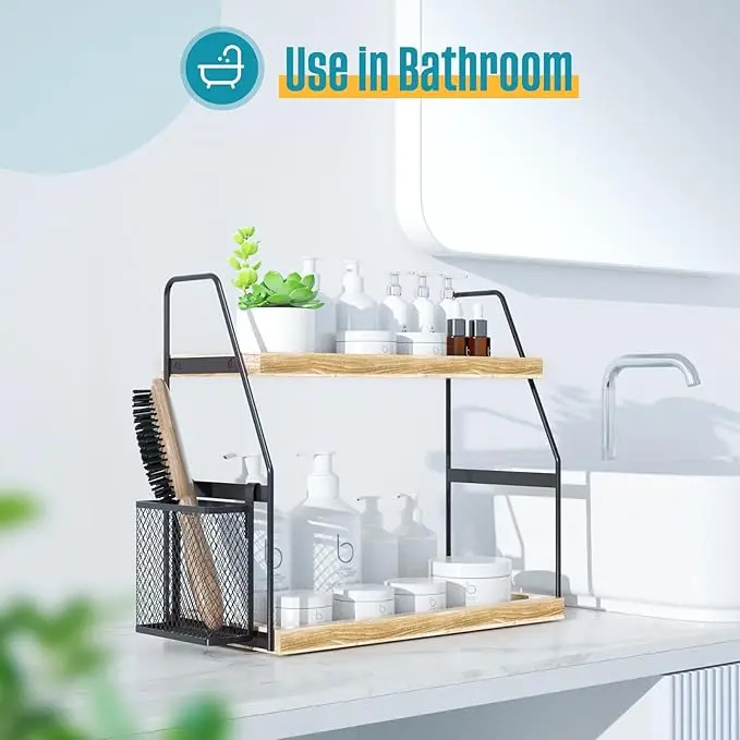 2-tier wooden countertop organizer – with basket, for bathroom/kitchen 5