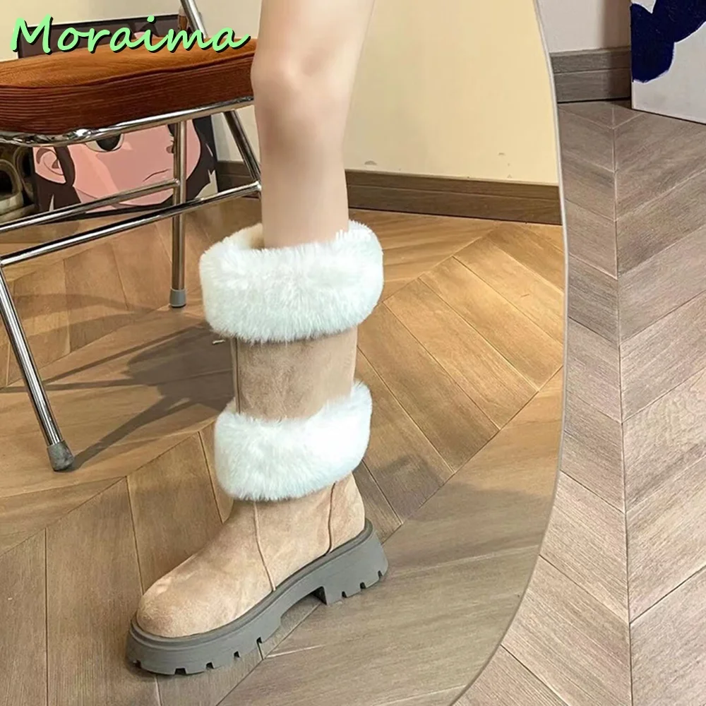 

Faux Fur Round Toe Mid Calf Snow Boots Women Shoes Autumn Winter Warm Flat With Slip On European Style Khaki Solid New Arrivals