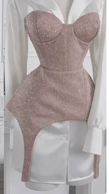Elegant Women Contrast Corset Shirt Dress Casual Puff Long Sleeves Glitter Waist Fitted V-neck Mini Dresses 2026 Lady Daily Gown photo review