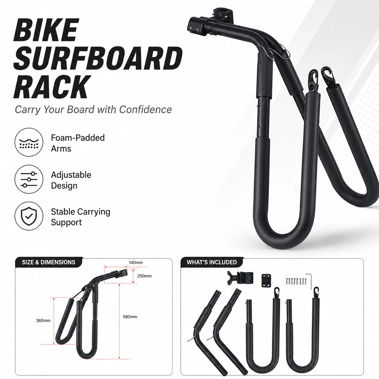 Support de transport pour vélo et kayak, support pliable et réglable avec bras rembourrés pour canoë, paddleboard, planche de surf et équipement de transport extérieur