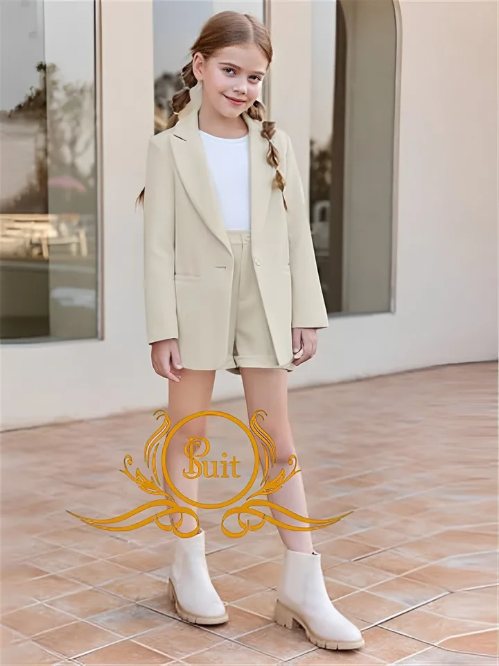 Girl Shorts Blazer Suit Petite Blazer Self Fabric Belt Short Suit Set