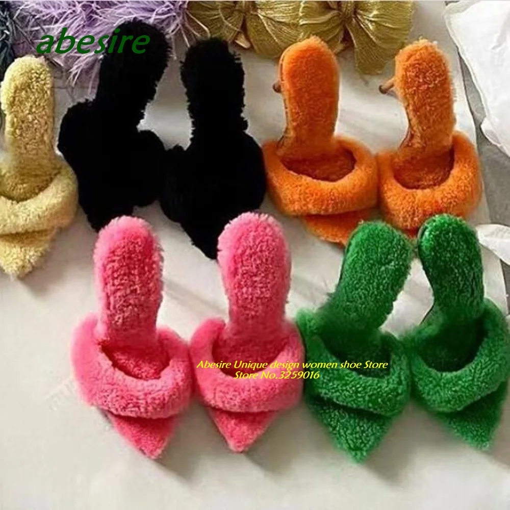 Pink Stiletto Plush Slippers Pointy Toe Thin Heeled Solid Women's Slippers Slip On Sexy Outside 2023 New Arrival Plus Size Shoes