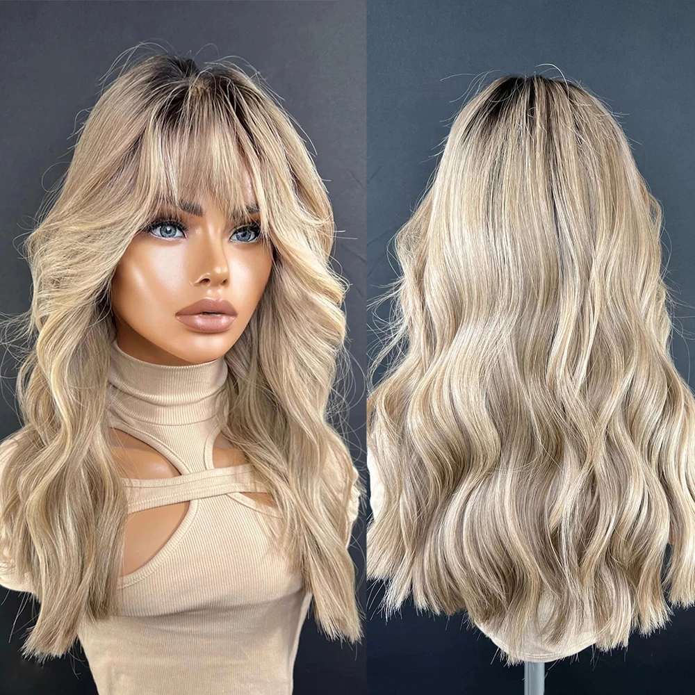 

Lovely Bang Lace Front Wig Brazilian Human Hair Highlights Warmth Blonde Dark Roots Natural Wave Full Lace Wigs HD 13X6 Glueless