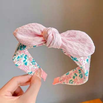 Summer Korean Style Rabbit Ears & Bowknot Headband Cute Fabric Wide Band Hair Hoop for Girls - Adorable Kids Accessory for Daily 1