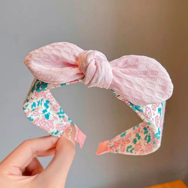 Summer Korean Style Rabbit Ears & Bowknot Headband Cute Fabric Wide Band Hair Hoop for Girls - Adorable Kids Accessory for Daily 1