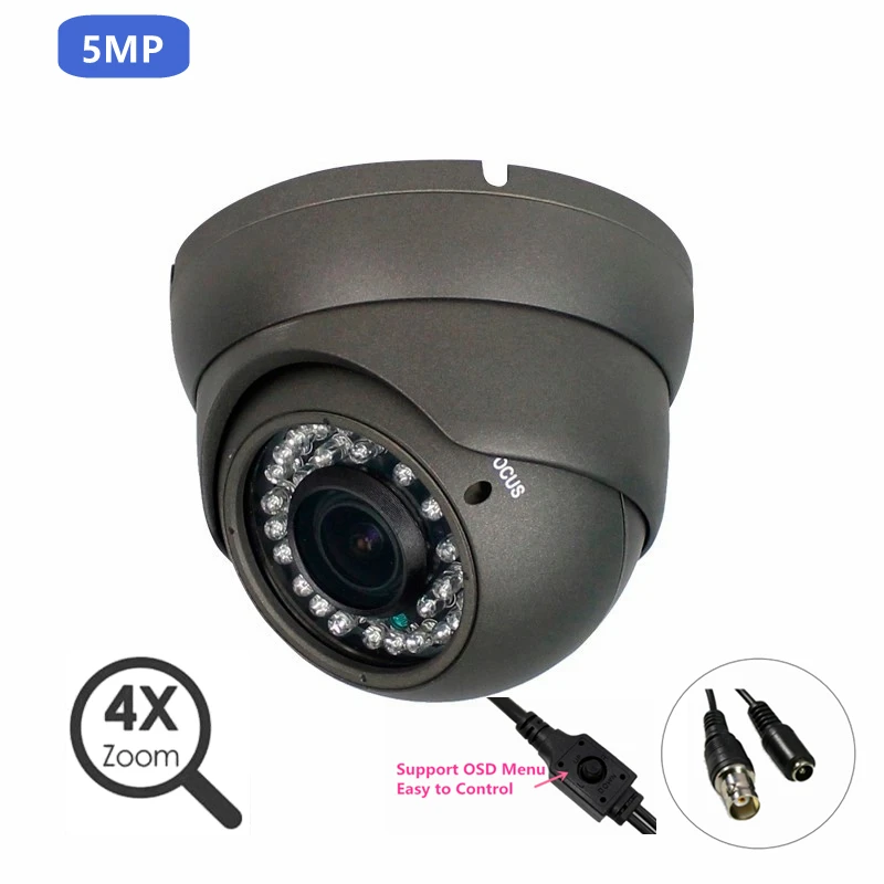 Manual Varifocal 5.0 Megapixel AHD CCTV Dome Security Camera 25M Night Vision Infrared Video Surveillance Camera with OSD Cable