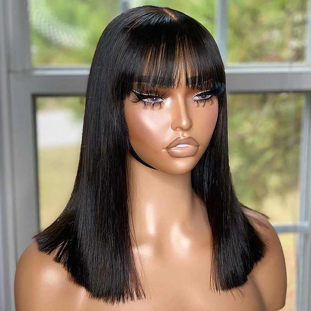 

HD Lace Short Straight Bob Wigs With Bangs 180% Density Natural Color Glueless Fringe Wigs Brazilian Human Hair For Black Women