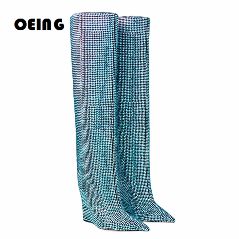 

Autumn Winter Women Crystal Knee High Boots Female Sexy Pointy Toe Wedge Heel Boots Ladies Slip-on Style Shoes Botas De Mujer