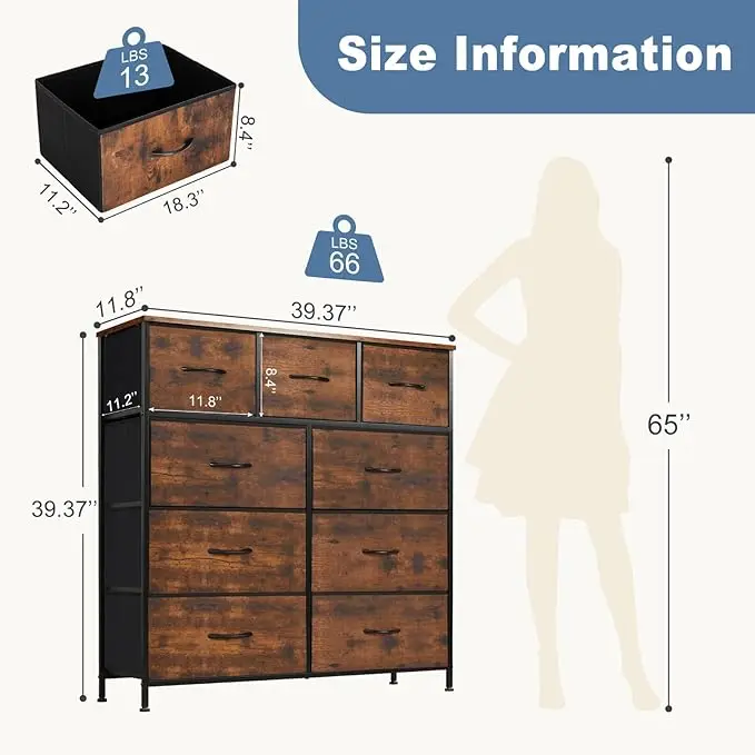9-Drawer Dresser, Fabric Bins, Sturdy Metal Frame & Wood Tabletop, Ideal for Bedroom, Closet, or Nursery Storage. 3