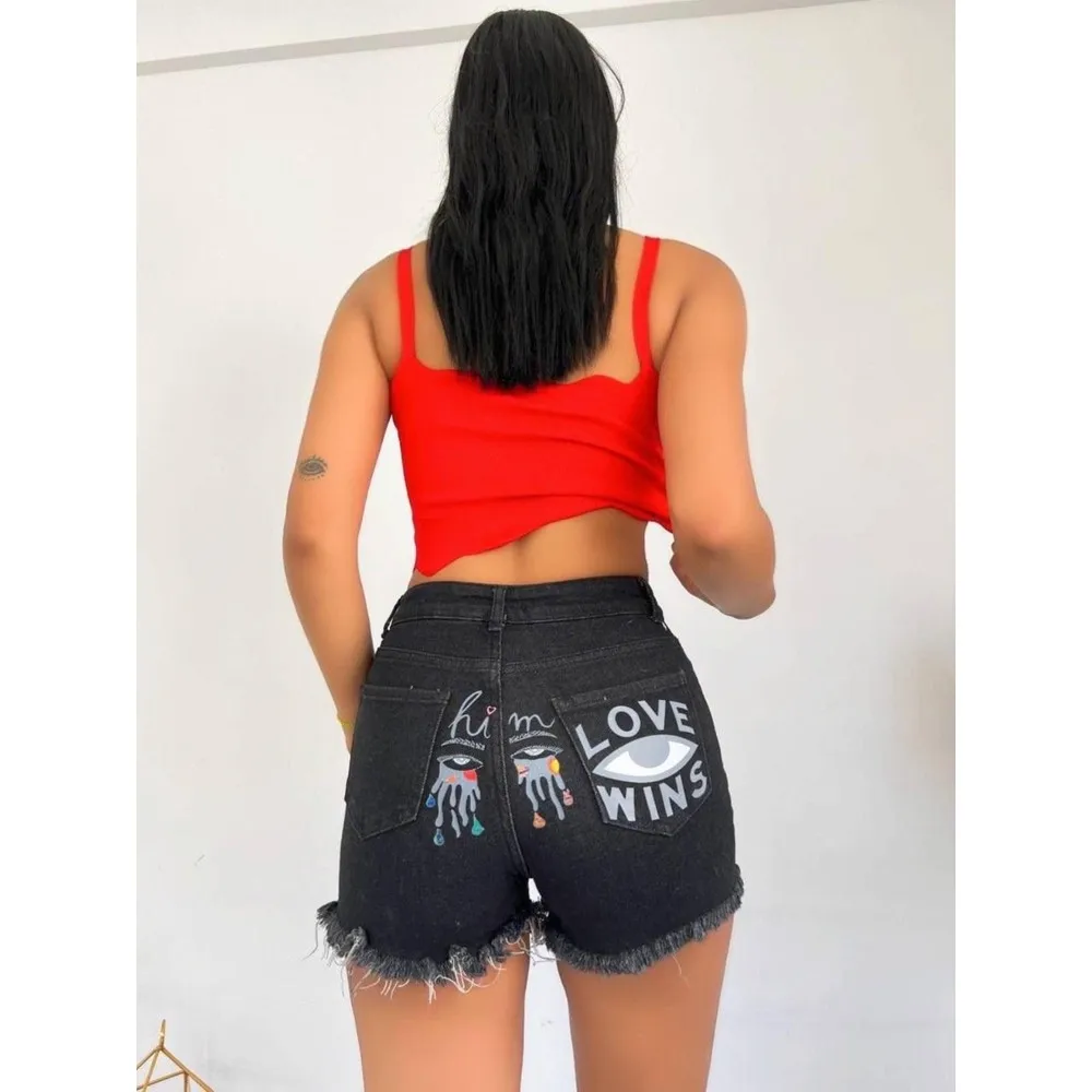 

Sym Back Eye and Love Printed Laser Ripped Detailed Jeans Shorts❤️Kadın ripped hole flexible slim-fitting all-match pants