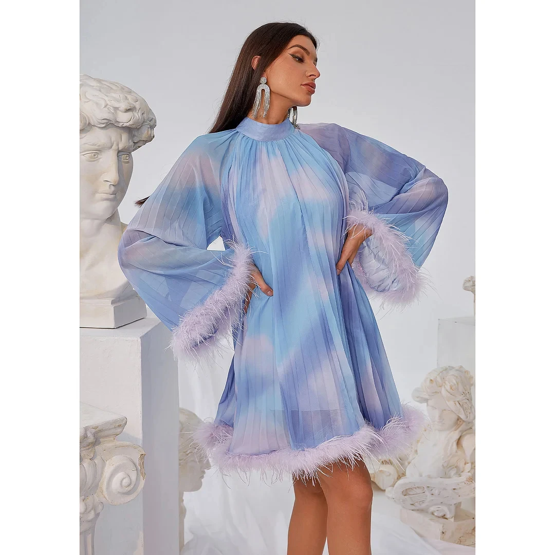 

2023 Women Elegant Turtleneck Printed Feather Trim Long Sleeve Mini Dress Evening HolidayCocktail club gala Party Dresses